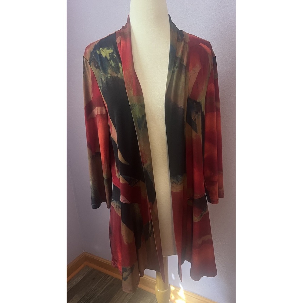 Frank Lyman Red Green Black Open Front Cardigan Artsy Abstract Size 14